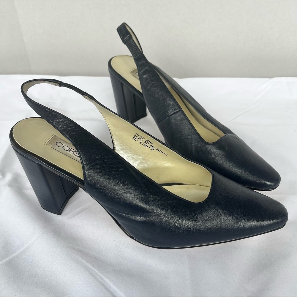Black Leather Slingback Block Heel Pumps